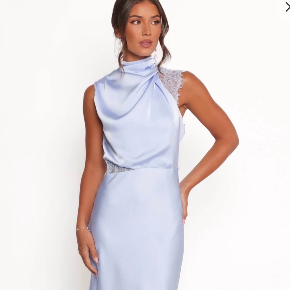 Petal & Pup Light Blue Satin High Neck Lace-Shoulder Maxi Dress